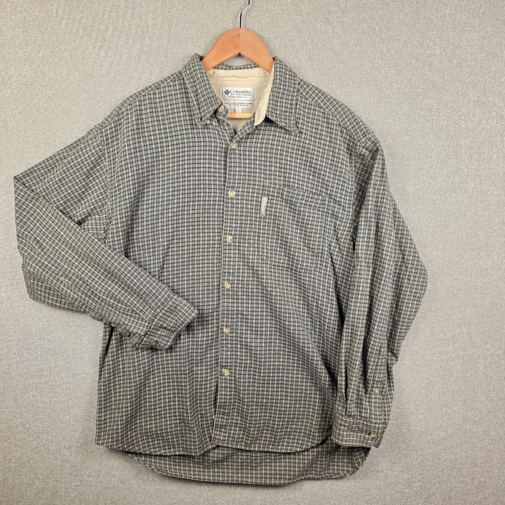 Columbia Mens Large Green Plaid Cotton Long‎ Sleeve Button Down Shirt Check L